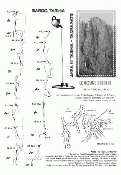 "Le Rouge Berbere" 7b (560 m, Taghia), schemat (remi-thivel.com)