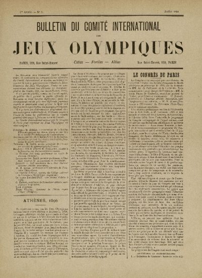 Pierwszy biuletyn Międzynarodowego Komitetu Olimpijskiego, lipiec 1894