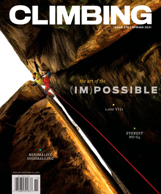 Zdjęcie "The X" Marcina Ciepielewskiego na okładce Magazynu Climbing 